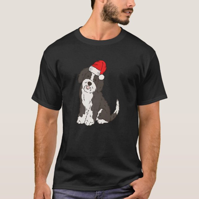 Santa Sheepadoodle Vinter jul Hund Holida T Shirt (Framsida)