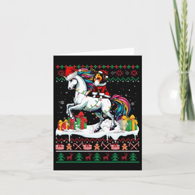 Santa Sheltie Riding Unicorn jul Sweater Lov Kort (Framsida)
