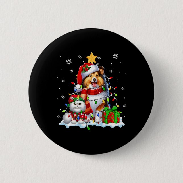 Santa Sheltie with Elf Cat jul Ljus Owner Knapp (Framsida)