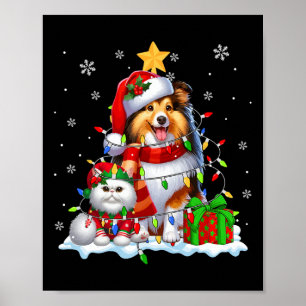 Santa Sheltie with Elf Cat jul Ljus Owner Poster