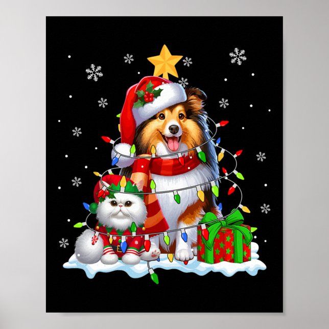 Santa Sheltie with Elf Cat jul Ljus Owner Poster (Framsidan)