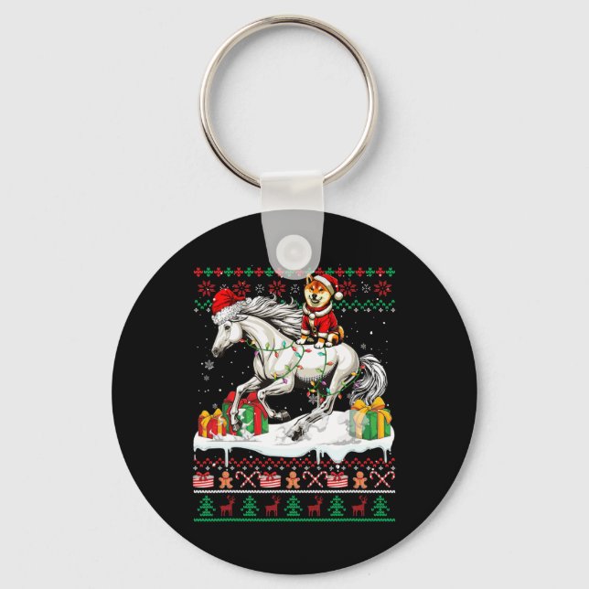 Santa Shiba Inu Riding Horse jul Sweater Lov Nyckelring (Framsida)