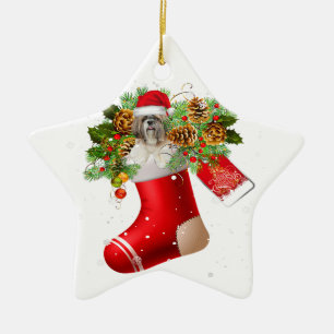 Santa Shih Tzu i julsock X-mas Gift Julgransprydnad Keramik