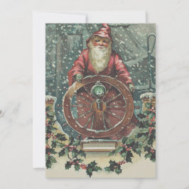 Santa Ship Boat Snow Storm Holly Julkort