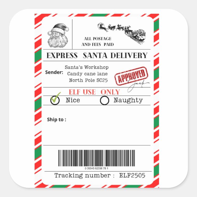 Santa shipping label fyrkantigt klistermärke (Framsida)