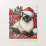 Santa Siamese Cat Christmas  Pussel<br><div class="desc">This jigsaw puzzle would be a purrfect gift for a "cat lover". The image features a Siamese Cat wearing a Santa hat with a background of wrapped Christmas presents. When it's cold outdoors,  it's fun to be indoors putting together a puzzle with your family and friends.</div>