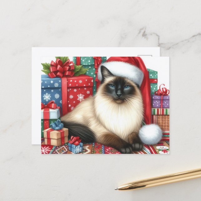 Santa Siamesisk Katt Julhelg  Vykort (Fram/Back In Situ)