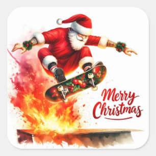 Santa Skateboard med julstämning Fyrkantigt Klistermärke