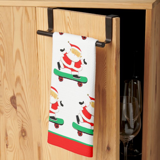 Santa Skateboarding jul Kökshandduk (Thirds Fold)