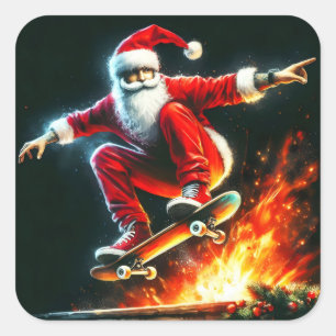 Santa Skateboards över nattbrand Fyrkantigt Klistermärke