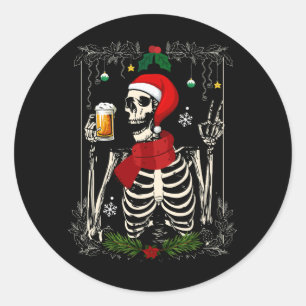 Santa Skeleton Drinking Beer Retro God jul Runt Klistermärke