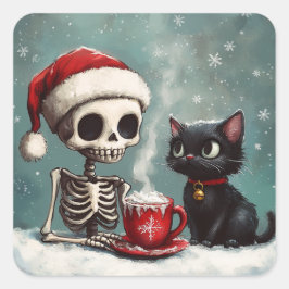 Santa Skeleton och Black Kitten Fyrkantigt Klistermärke