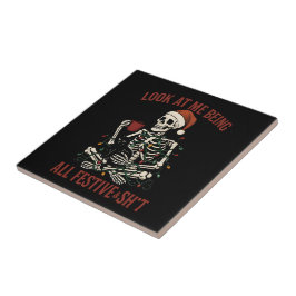 Santa Skeleton with Cat Holiday Snark Kakelplatta