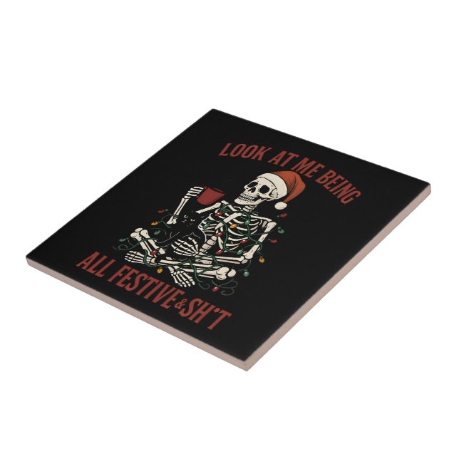 Santa Skeleton with Cat Holiday Snark Kakelplatta (Sidan)