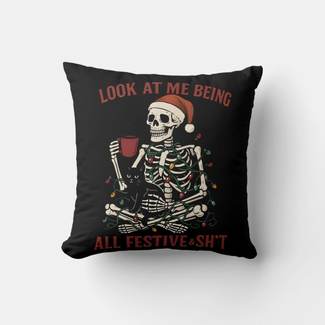 Santa Skeleton with Cat Holiday Snark Kudde (Framsida)