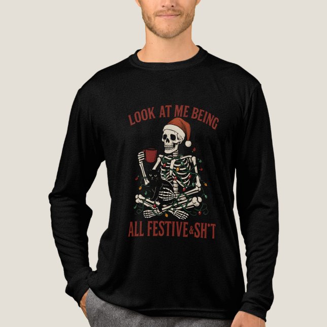 Santa Skeleton with Cat Holiday Snark T Shirt (Framsida)