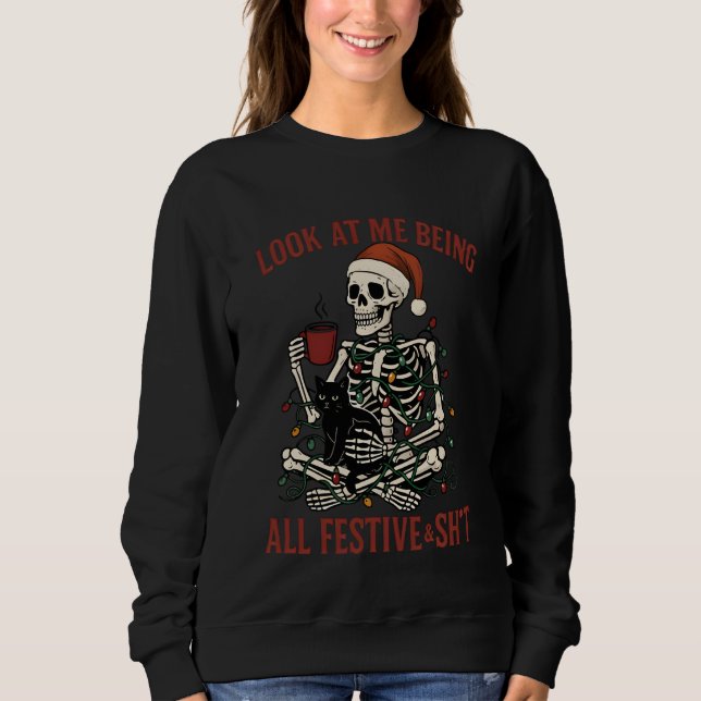 Santa Skeleton with Cat Holiday Snark T Shirt (Framsida)