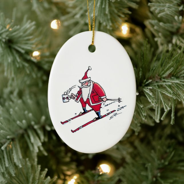 Santa Skiing oval ceramic ornament (Träd)