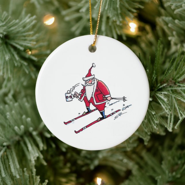 Santa Skiing round ceramic ornament (Träd)