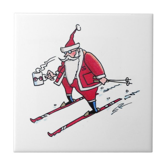 Santa Skiing small keramic tile Kakelplatta (Framsidan)