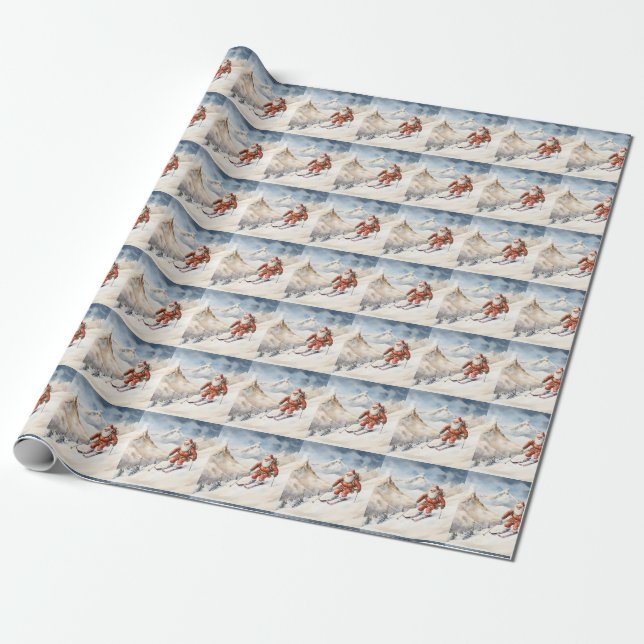 Santa Skiing Wrapping Papper Presentpapper (Utrullad)