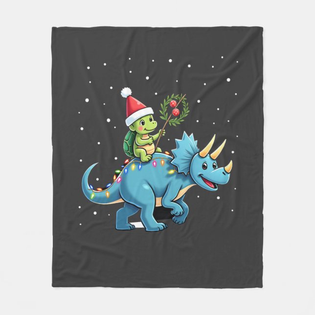 Santa Sköldpadda Ridande T-Rex Ren Julbelysning Fleecefilt (Framsidan)
