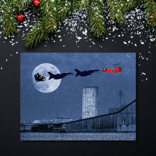 Santa, Sleigh, F-16 Jet och Red Biplan jul Helg Vykort