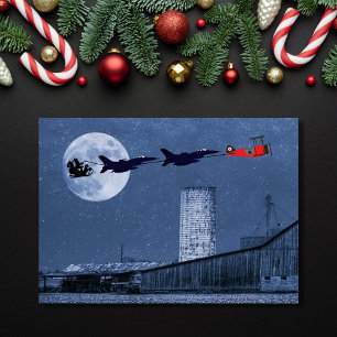 Santa, Sleigh, F-16 Jet och Red Biplan jul Helgkort