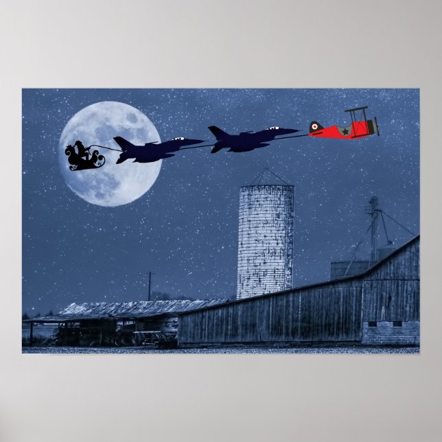 Santa, Sleigh, F-16 Jet och Red Biplan jul Poster (Framsidan)