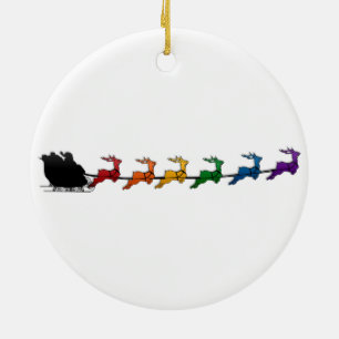 Santa Sleigh med regnbågerenen Julgransprydnad Keramik