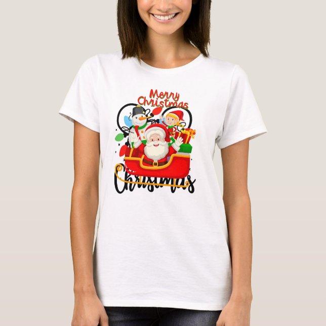 Santa Sleigh Merry Christmas Cartoon T Shirt (Framsida)