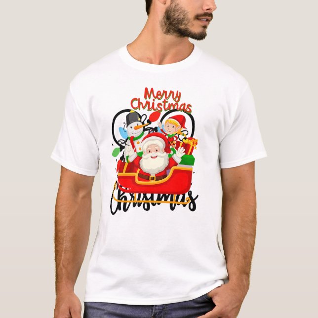 Santa Sleigh Merry Christmas Cartoon T Shirt (Framsida)