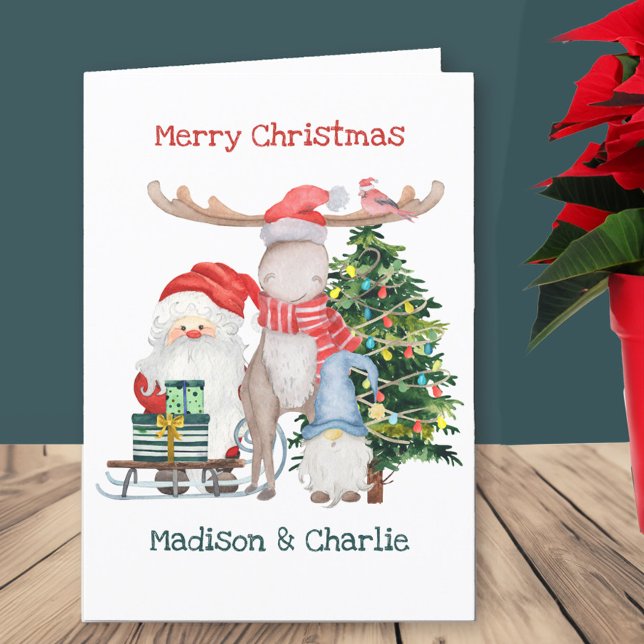 Santa Sleigh och Gnome Gonk Cute Personlig Kids Helgkort (Kids Santa Christmas Card with childrens names)