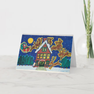 Santa, Sleigh och Reindeer Landing on Rooftop Kort
