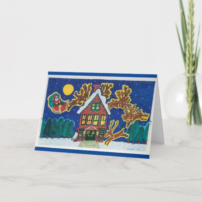 Santa, Sleigh och Reindeer Landing on Rooftop Kort (Framsida)