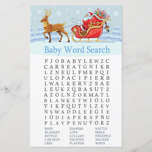 Santa Sleigh Reindeer Baby Shower Ord Search Game (Framsida)