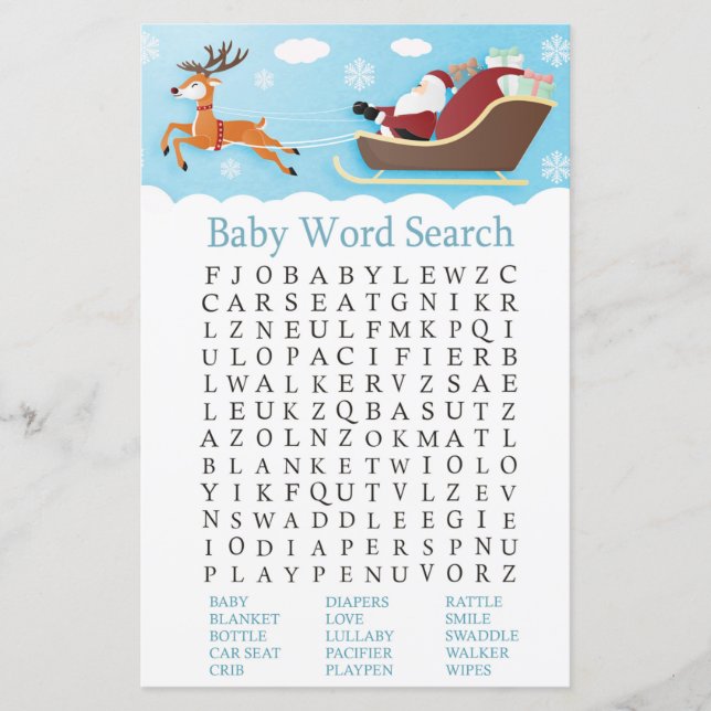 Santa Sleigh Reindeer Baby Shower Ord Search Game (Framsida)