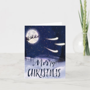 Santa Sleigh Reindeer Full Moon jul Kort