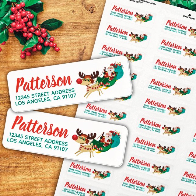 Santa Sleigh Reindeer Return Address Label Returadress Etikett (Skapare uppladdad)
