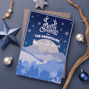 Santa Sleigh & Reindeer som flyger i Midnight Himl Julkort