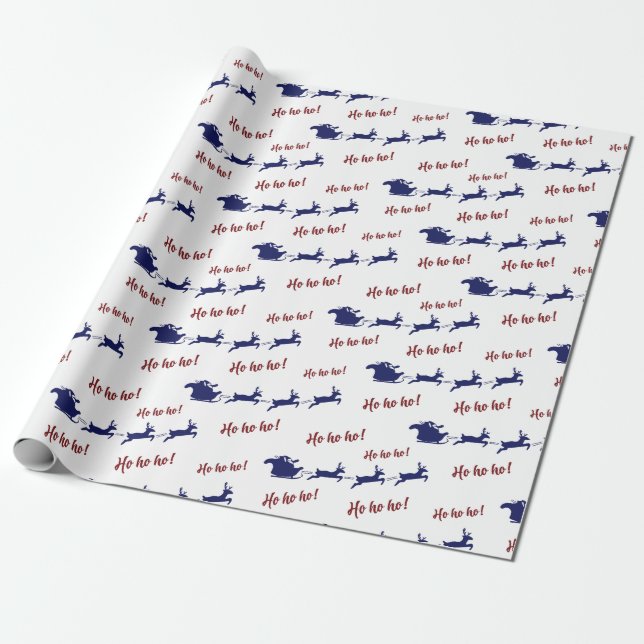 Santa Sleigh Reindeers och Ho Ho White Seamless Presentpapper (Utrullad)