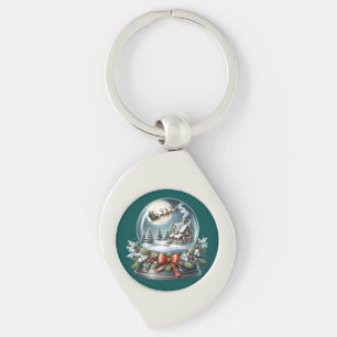Santa Sleigh Ride i Snö Globe Wonderland Swirl Silverfärgad Nyckelring