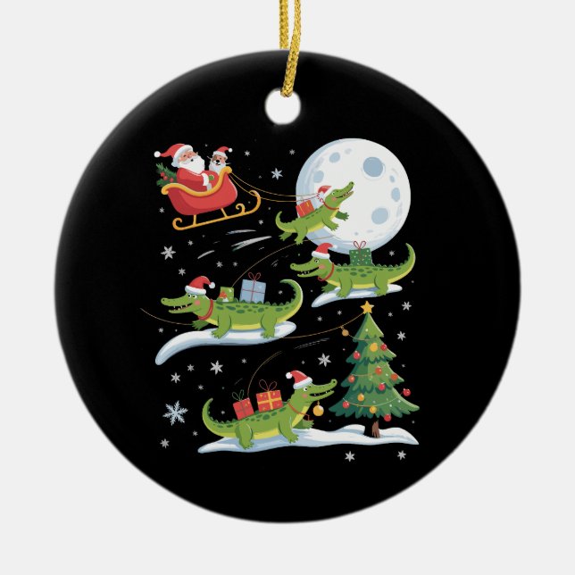 Santa Sleigh Riding Alligator Christmas Funny Xmas Julgransprydnad Keramik (Framsidan)
