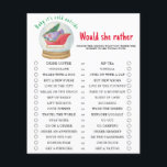 Santa sleigh - skulle hon hellre vilja - babydusch<br><div class="desc">Baby Shower-inbjudan med ett vackert vattenfärgssläde med gåvor i ett glas boll. Vinterbabyskor. Julgran,  väska med gåvor från Jultomten. Tema för julbabyduschen. Matchande objekt är tillgängliga.</div>