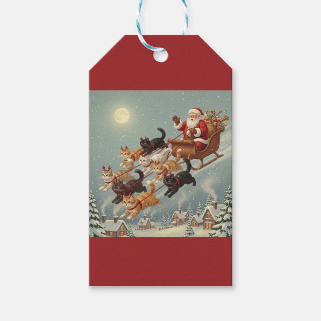 Santa Sleigh with Flying Cats Gift Tag Presentetikett (Framsidan)