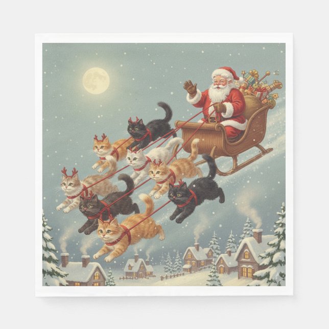 Santa Sleigh with Flying Cats Napkins Pappersservett (Framsidan)