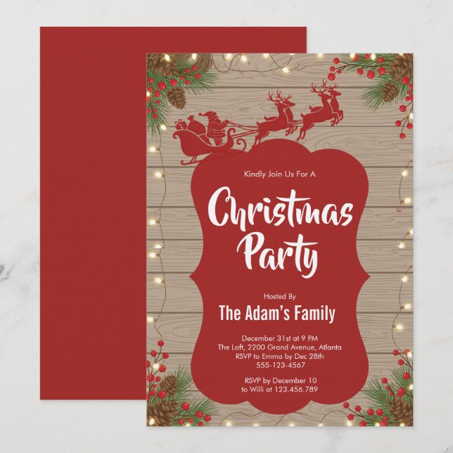 Santa Sleigh Wooden Background Party Invitation  Julkort (Fram/baksida)