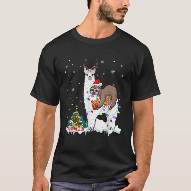 Santa Sloth Riding Llama Reindeer Xmas Light Lover T Shirt (Framsida)