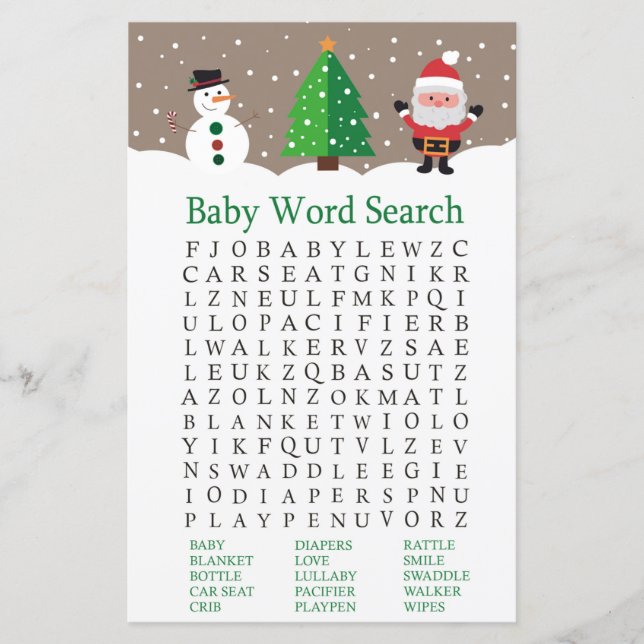 Santa,snögubbe Baby Shower Ord Search Game (Framsida)