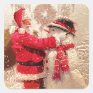 Santa & Snögubbe Fyrkantigt Klistermärke